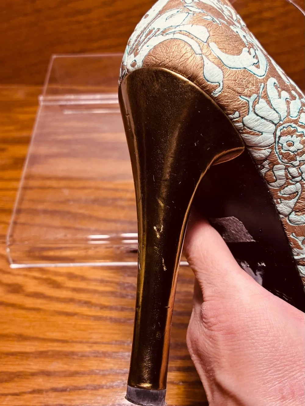 Y2K Vintage Hale Bob Embossed Leather Mary Jane Platform Heels Aqua Bronze Sz 8